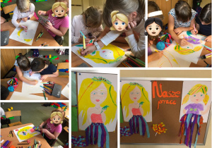 Dziewczynki z klasy 2c wykonujące prace przedstawiające kolorową panią jesień, z sukienką z bibuły.